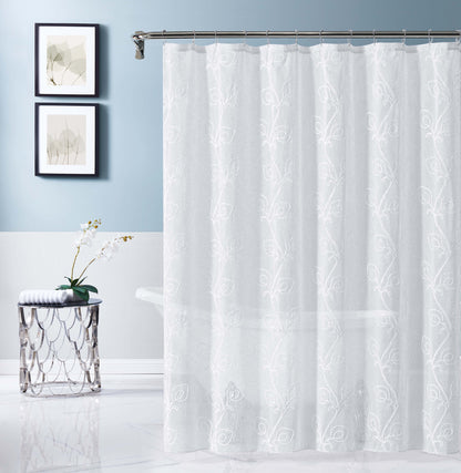 72" White Floral Faux Linen Shower Curtain With Embroidery-2