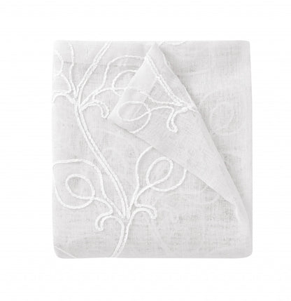 72" White Floral Faux Linen Shower Curtain With Embroidery-0