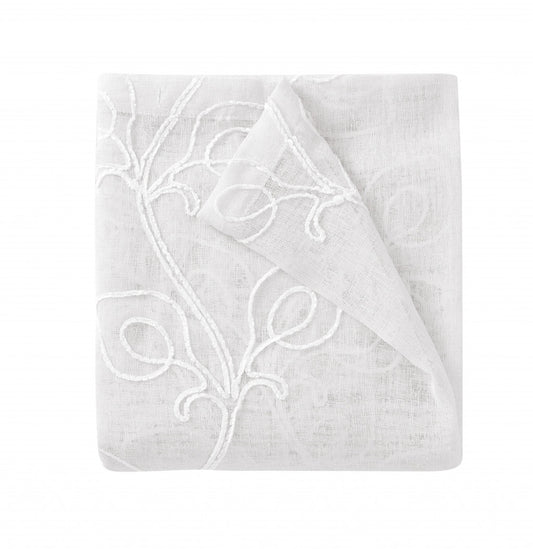 72" White Floral Faux Linen Shower Curtain With Embroidery-0