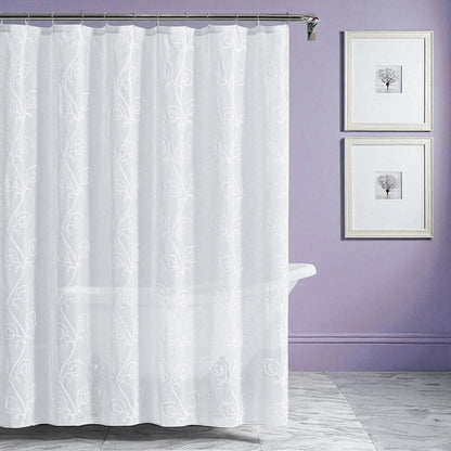 72" White Floral Faux Linen Shower Curtain With Embroidery-1