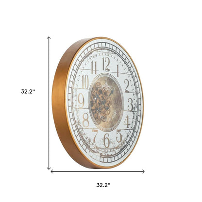 32" Circle Gold and Silver Metal and Mirror Analog Exposed Gear Wall Clock-6