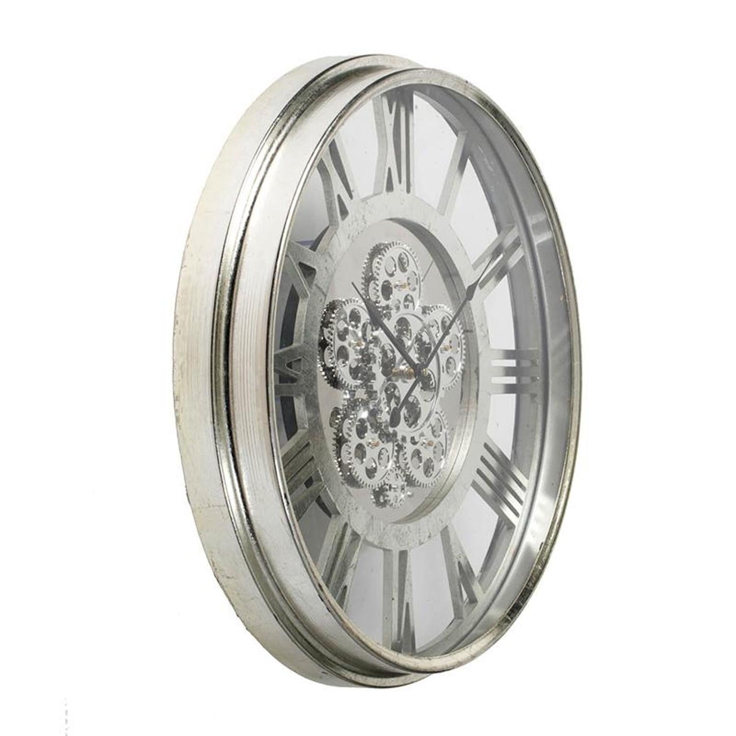 21" Circle Silver Metal and Glass Analog Exposed Gear Wall Clock-2