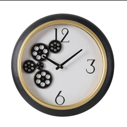 16" Black Gold And White Faux Leather And Iron Analog Exposed Gear Round Wall Clock-0