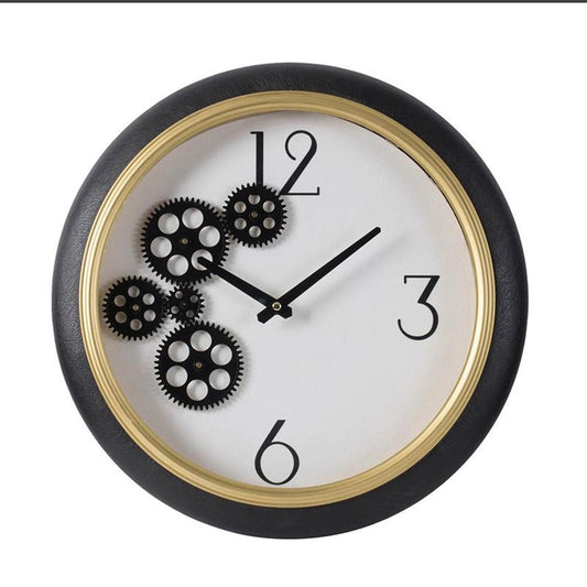 16" Black Gold And White Faux Leather And Iron Analog Exposed Gear Round Wall Clock-0