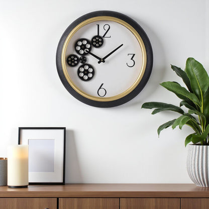 16" Black Gold And White Faux Leather And Iron Analog Exposed Gear Round Wall Clock-1