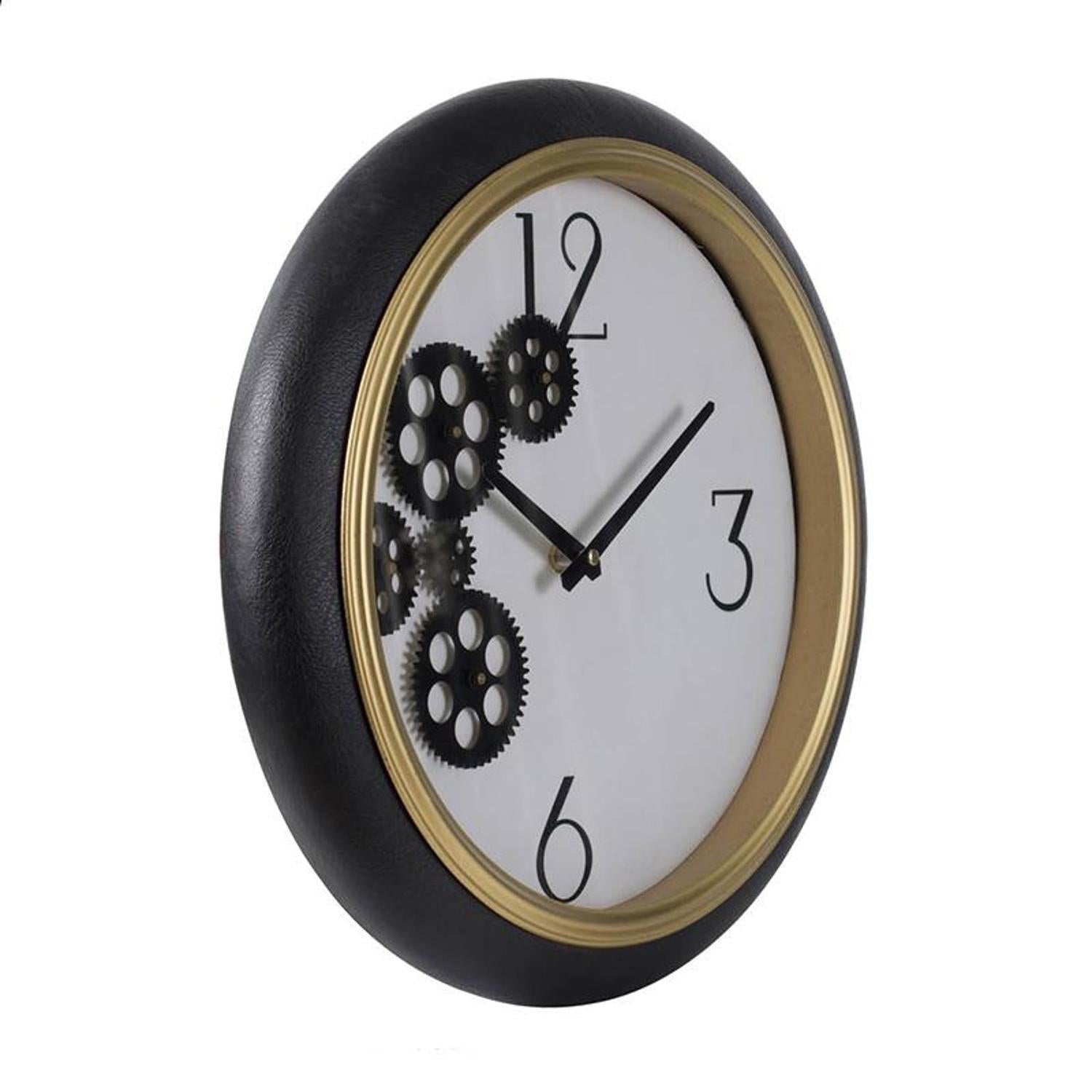 16" Black Gold And White Faux Leather And Iron Analog Exposed Gear Round Wall Clock-2