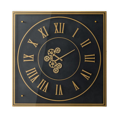 35" Black And Gold Glass And Metal Exposed Gear Square Wall Clock-1