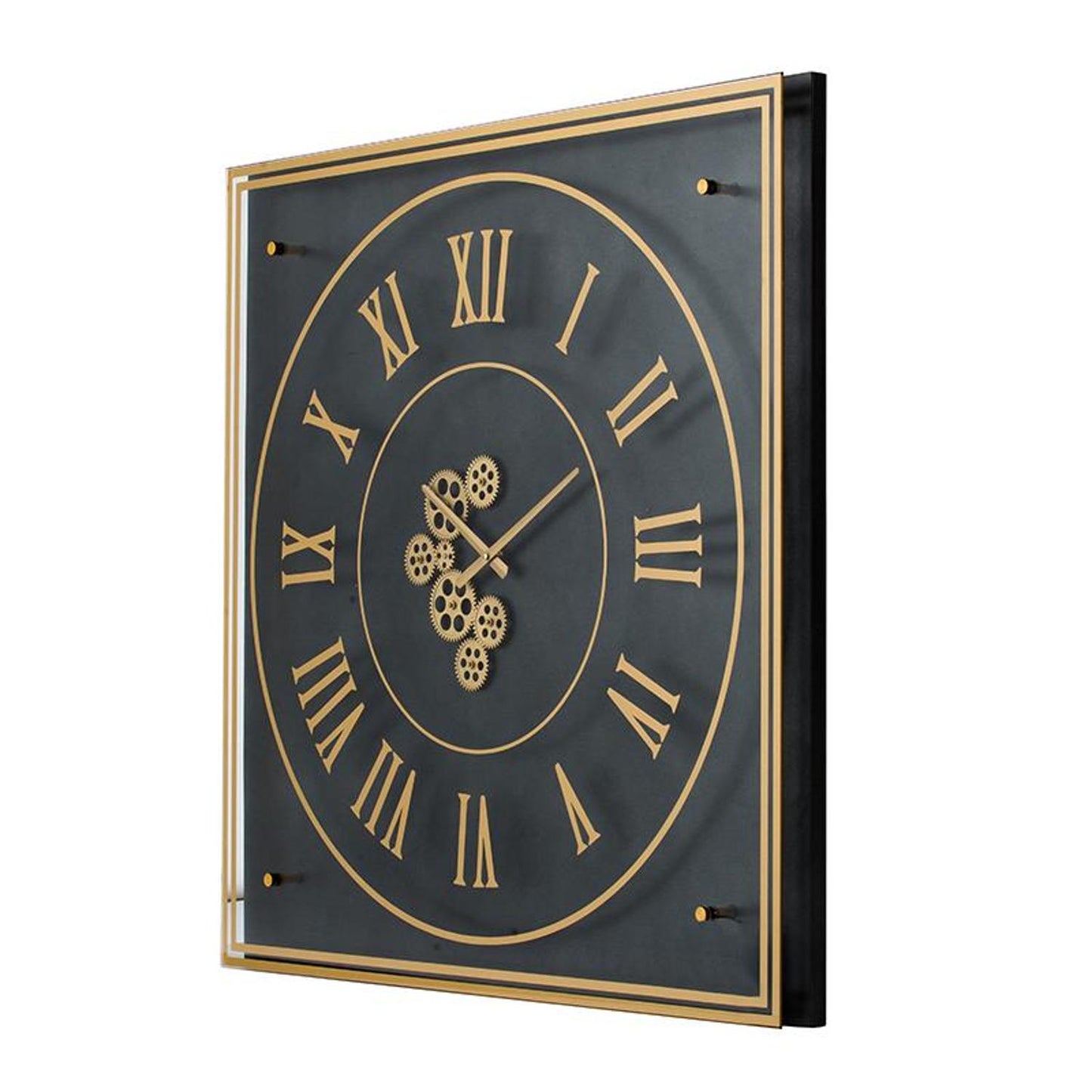 35" Black And Gold Glass And Metal Exposed Gear Square Wall Clock-2