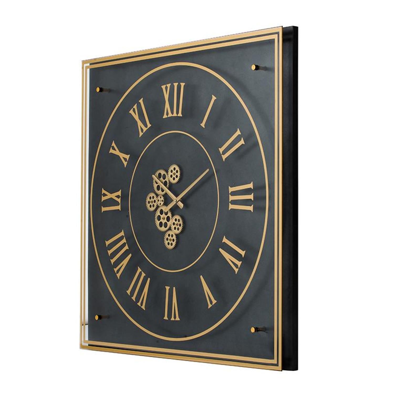 35" Black And Gold Glass And Metal Exposed Gear Square Wall Clock-2