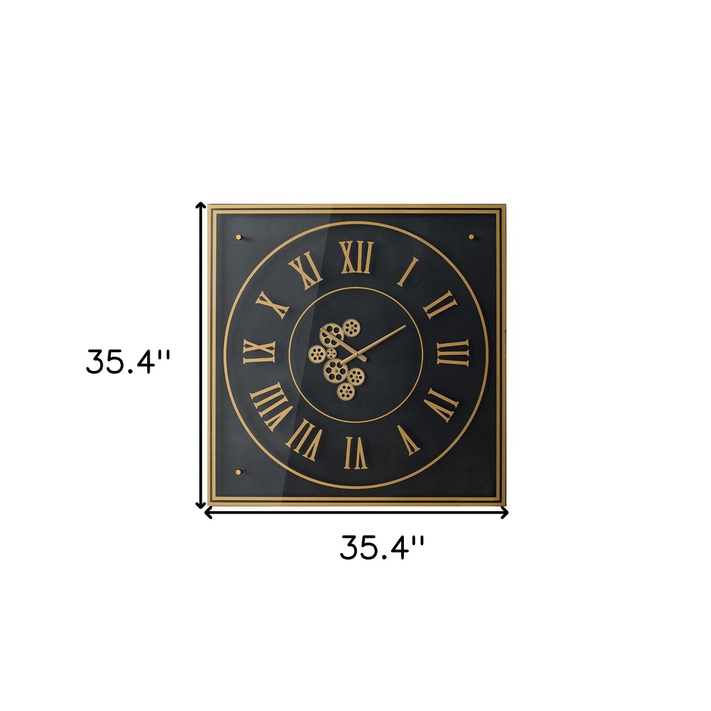 35" Black And Gold Glass And Metal Exposed Gear Square Wall Clock-5