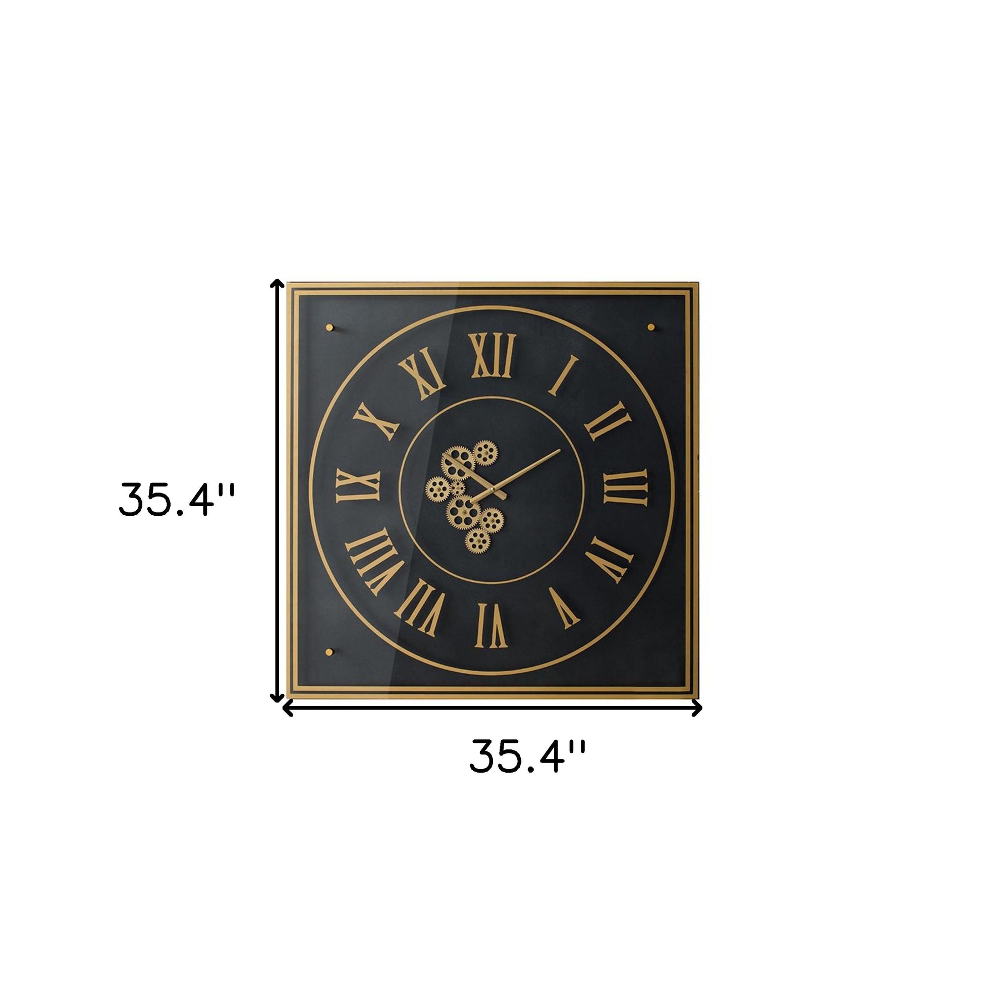 35" Black And Gold Glass And Metal Exposed Gear Square Wall Clock-5