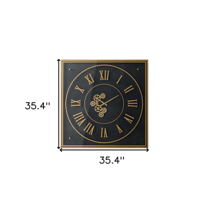 35" Black And Gold Glass And Metal Exposed Gear Square Wall Clock-5