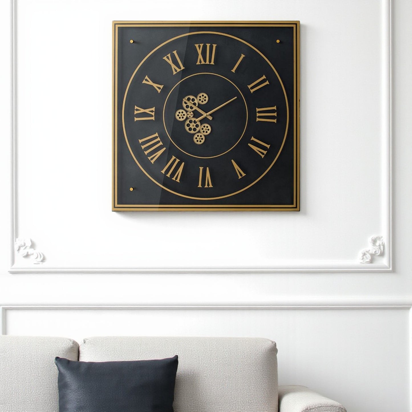 35" Black And Gold Glass And Metal Exposed Gear Square Wall Clock-0