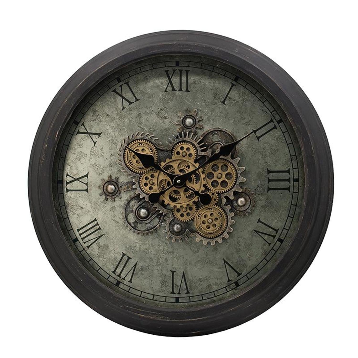 28" Circle Black and Gray Wood and Glass Analog Exposed Gear Wall Clock-0