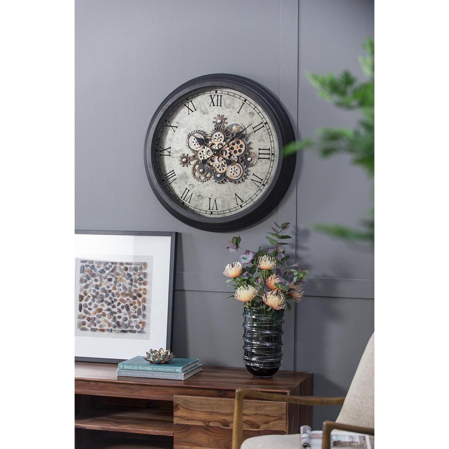 28" Circle Black and Gray Wood and Glass Analog Exposed Gear Wall Clock-8