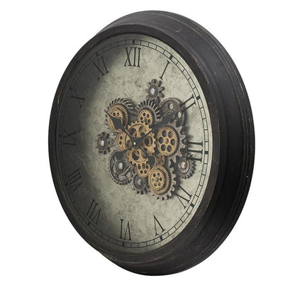 28" Circle Black and Gray Wood and Glass Analog Exposed Gear Wall Clock-2