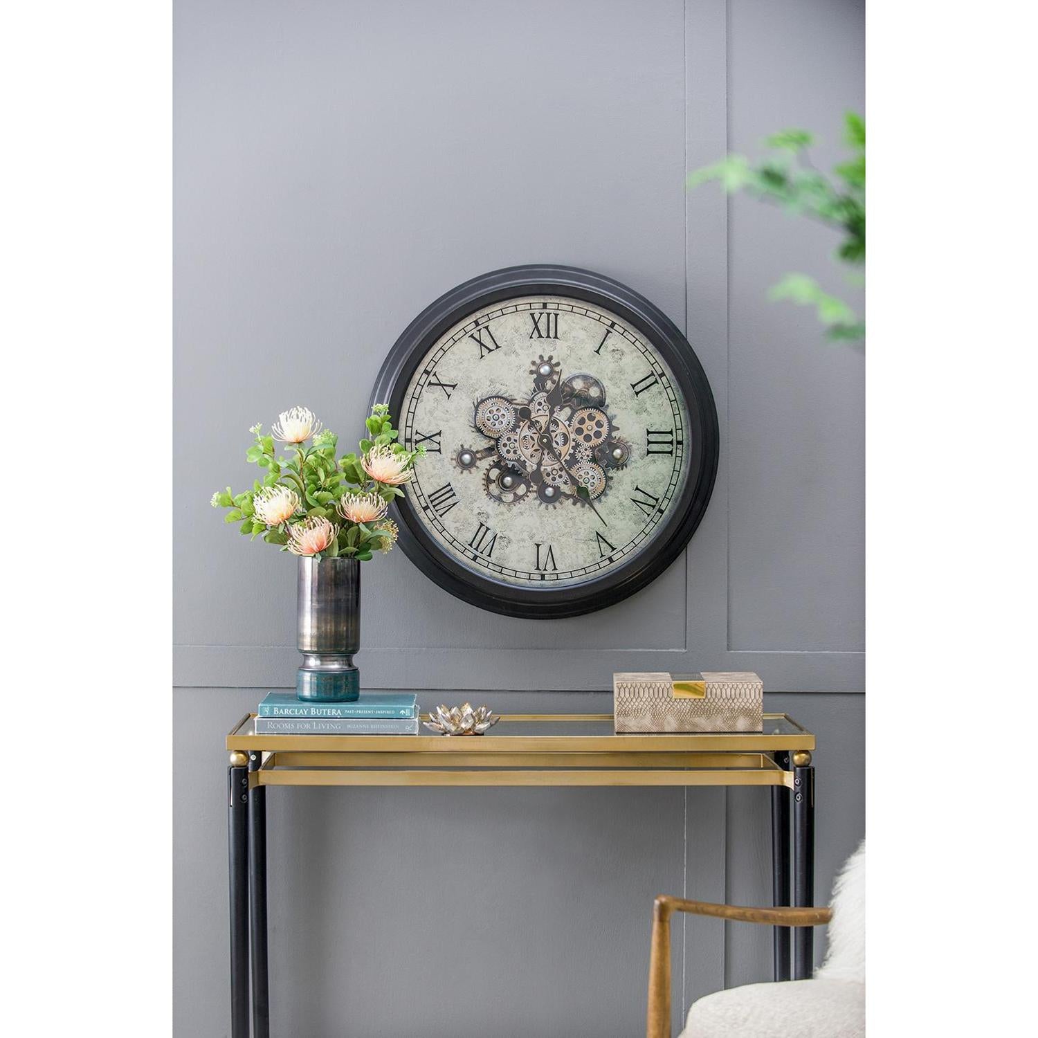 28" Circle Black and Gray Wood and Glass Analog Exposed Gear Wall Clock-7