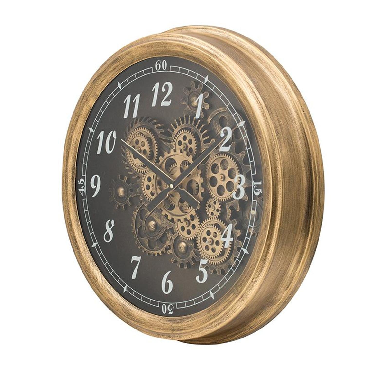 21" Circle Black and Gold Wood and Glass Analog Exposed Gear Wall Clock-3