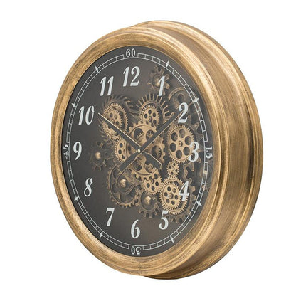 21" Circle Black and Gold Wood and Glass Analog Exposed Gear Wall Clock-3