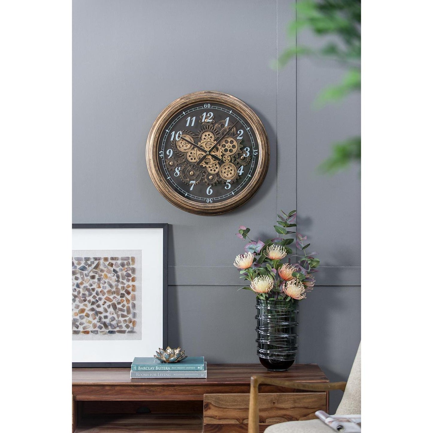 21" Circle Black and Gold Wood and Glass Analog Exposed Gear Wall Clock-7