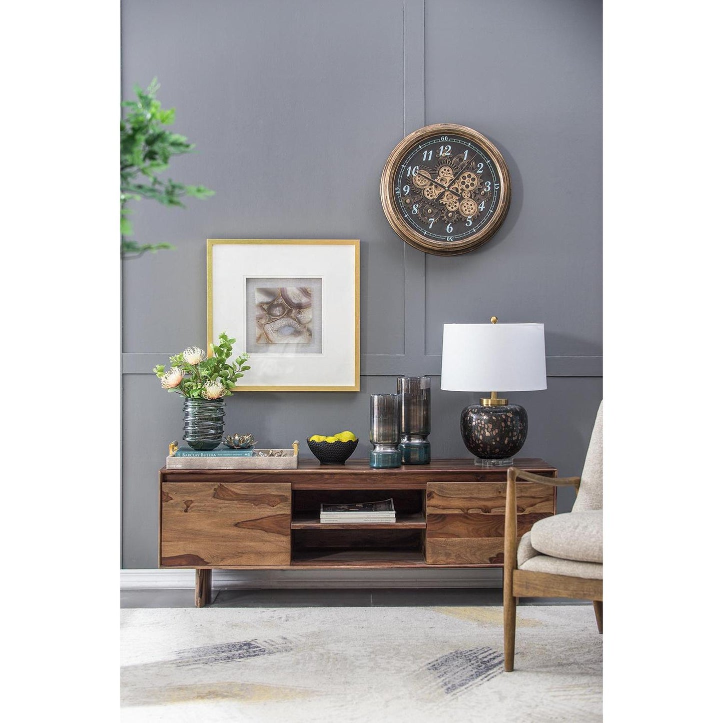 21" Circle Black and Gold Wood and Glass Analog Exposed Gear Wall Clock-8