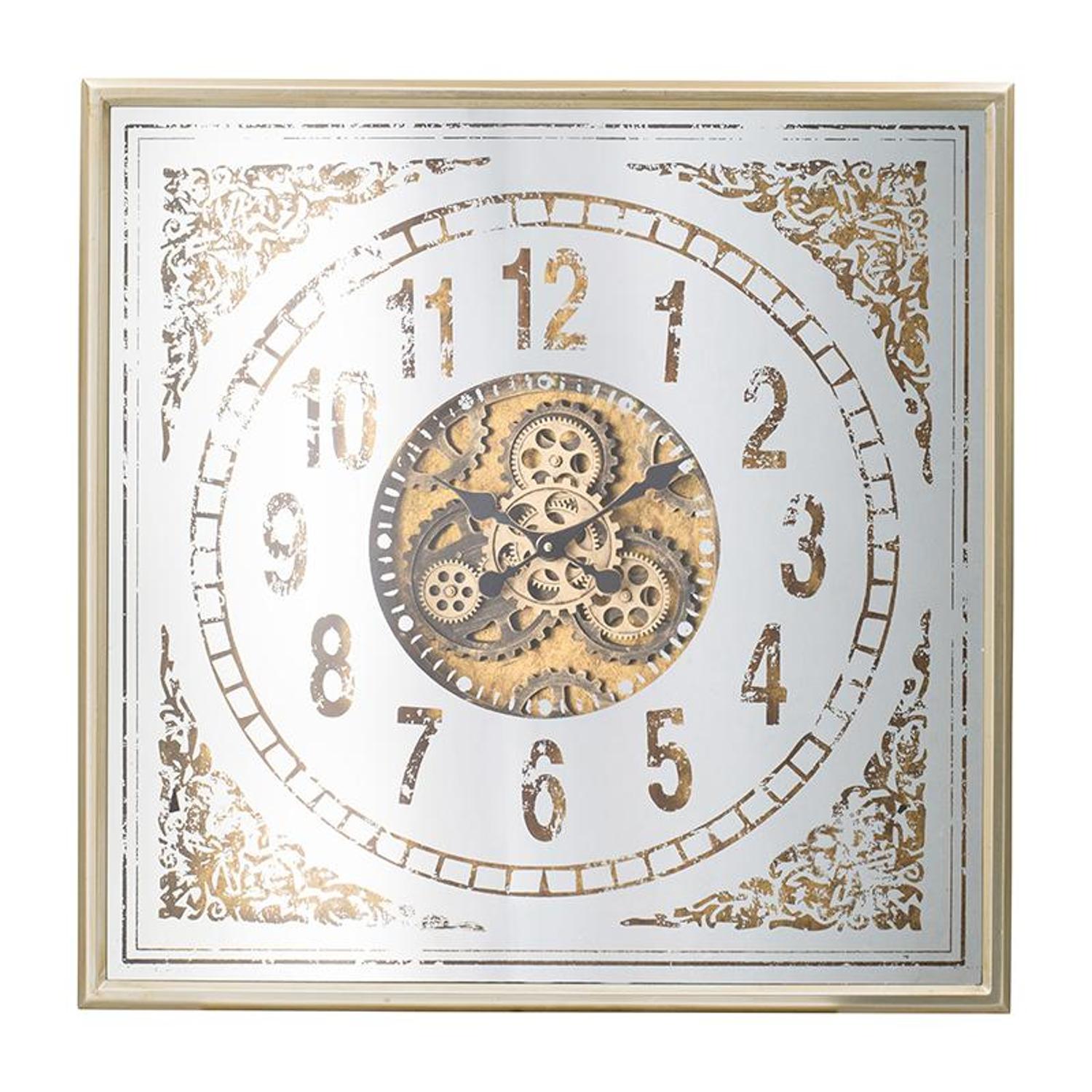 32" Square Gold and Silver Wood and Mirror Analog Exposed Gear Wall Clock-0