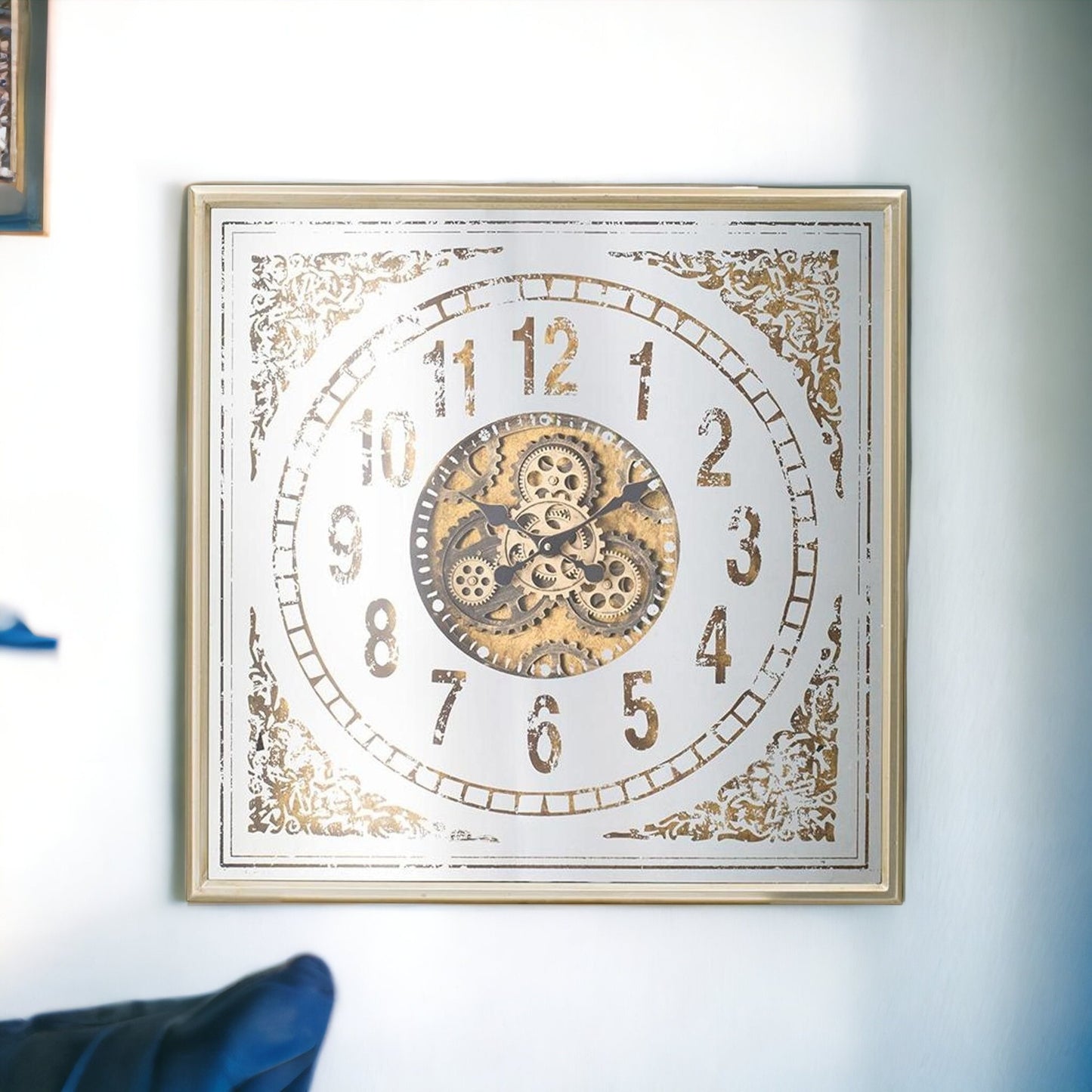 32" Square Gold and Silver Wood and Mirror Analog Exposed Gear Wall Clock-6