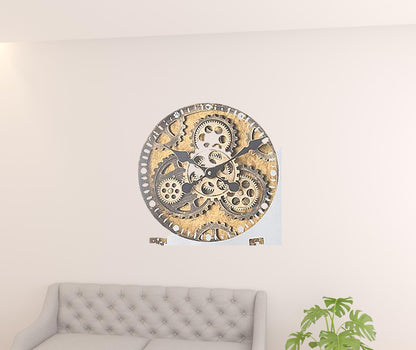 32" Square Gold and Silver Wood and Mirror Analog Exposed Gear Wall Clock-5