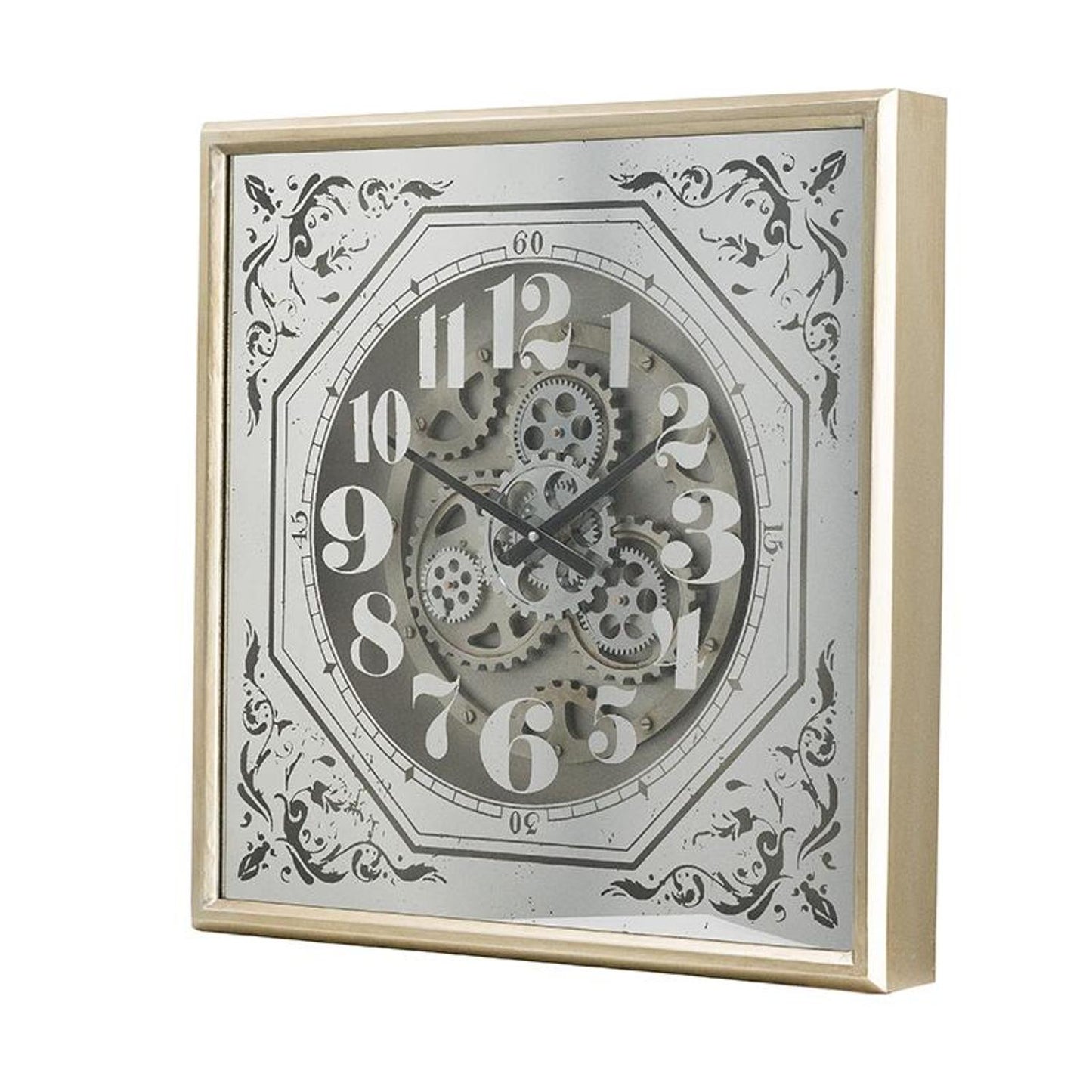 24" Square Gold and Silver Wood and Mirror Exposed Gear Wall Clock-3