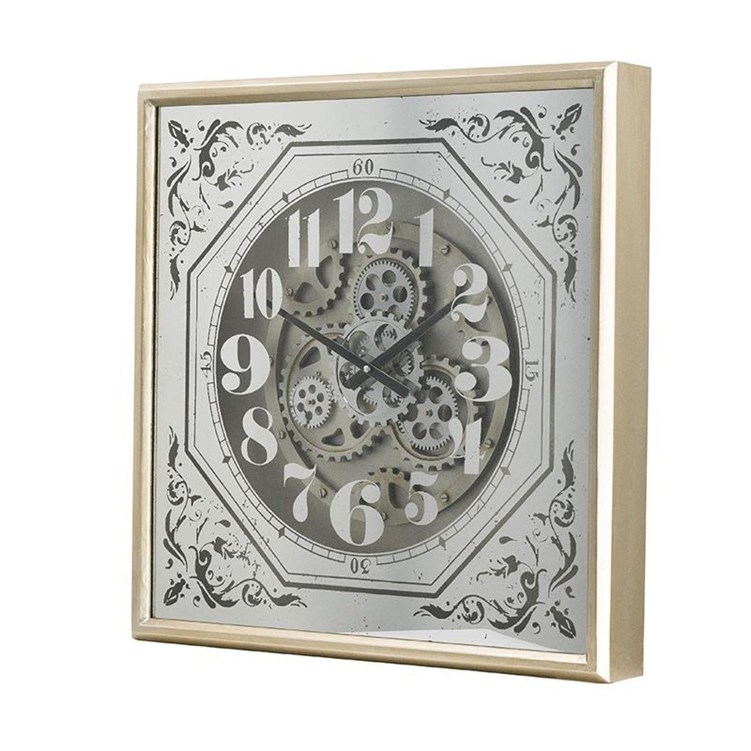 24" Square Gold and Silver Wood and Mirror Exposed Gear Wall Clock-3
