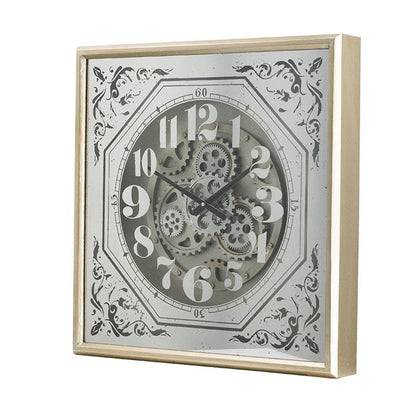 24" Square Gold and Silver Wood and Mirror Exposed Gear Wall Clock-3