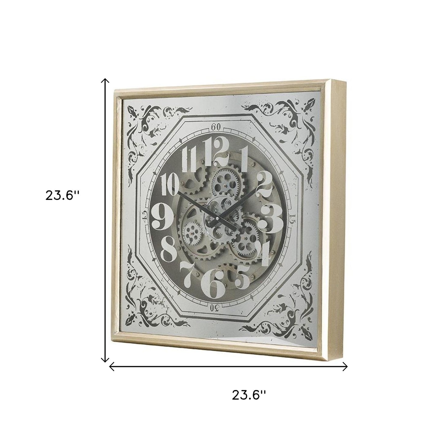 24" Square Gold and Silver Wood and Mirror Exposed Gear Wall Clock-5