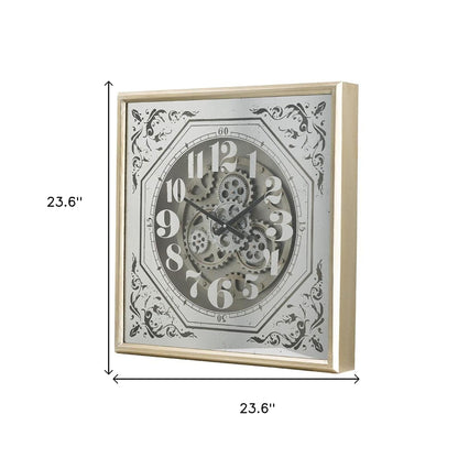 24" Square Gold and Silver Wood and Mirror Exposed Gear Wall Clock-5