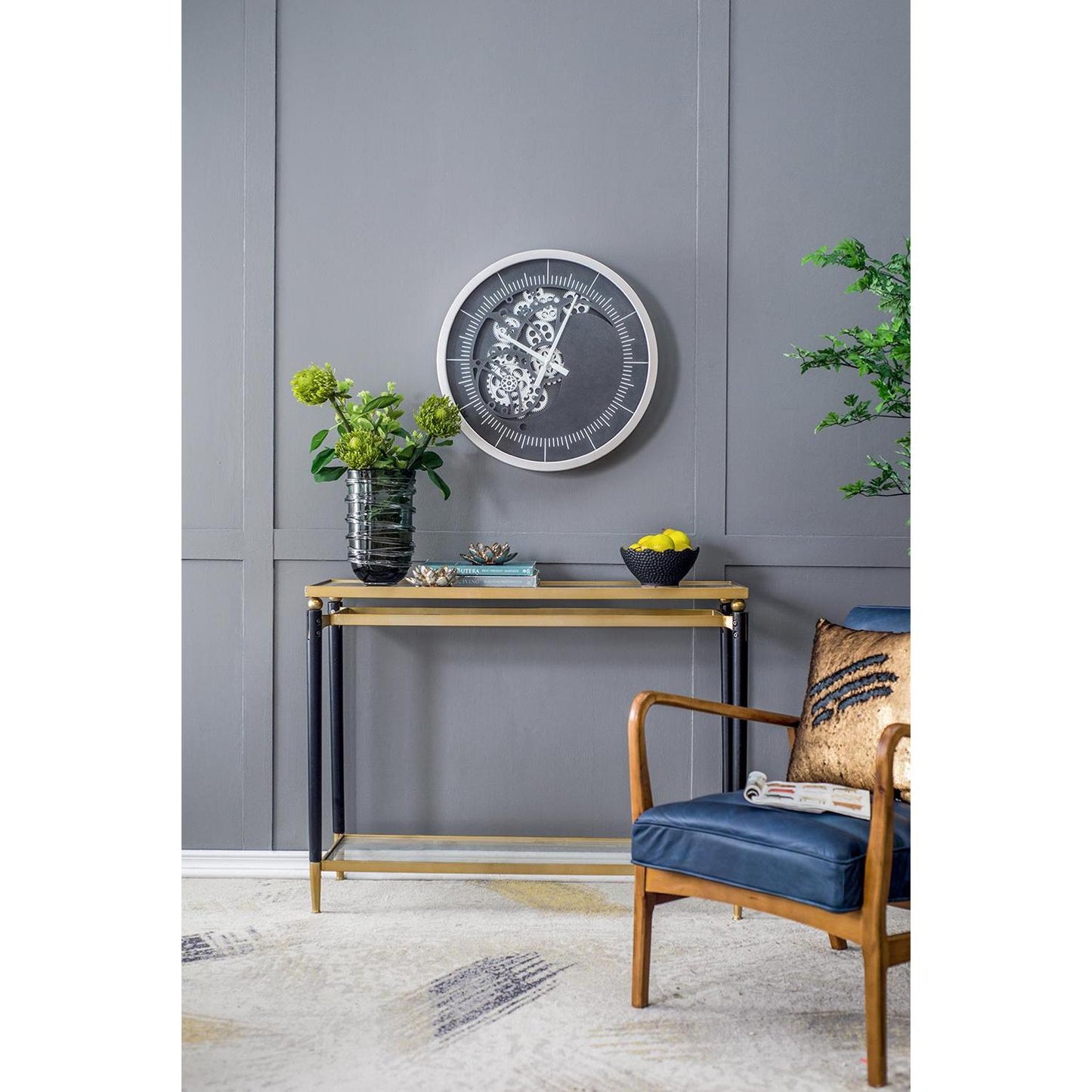 23" Circle Black and Silver Wood and Glass Analog Wall Clock-6