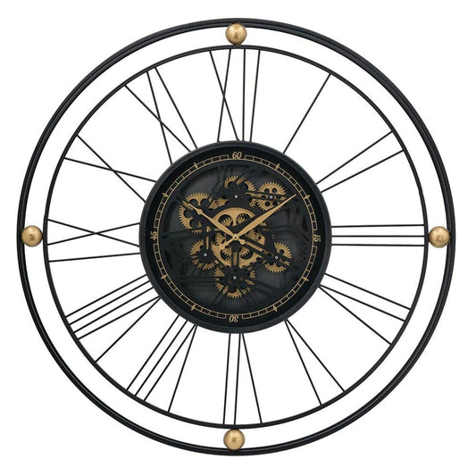 32" Circle Black and Gold Metal and Glass Analog Exposed Gear Wall Clock-0