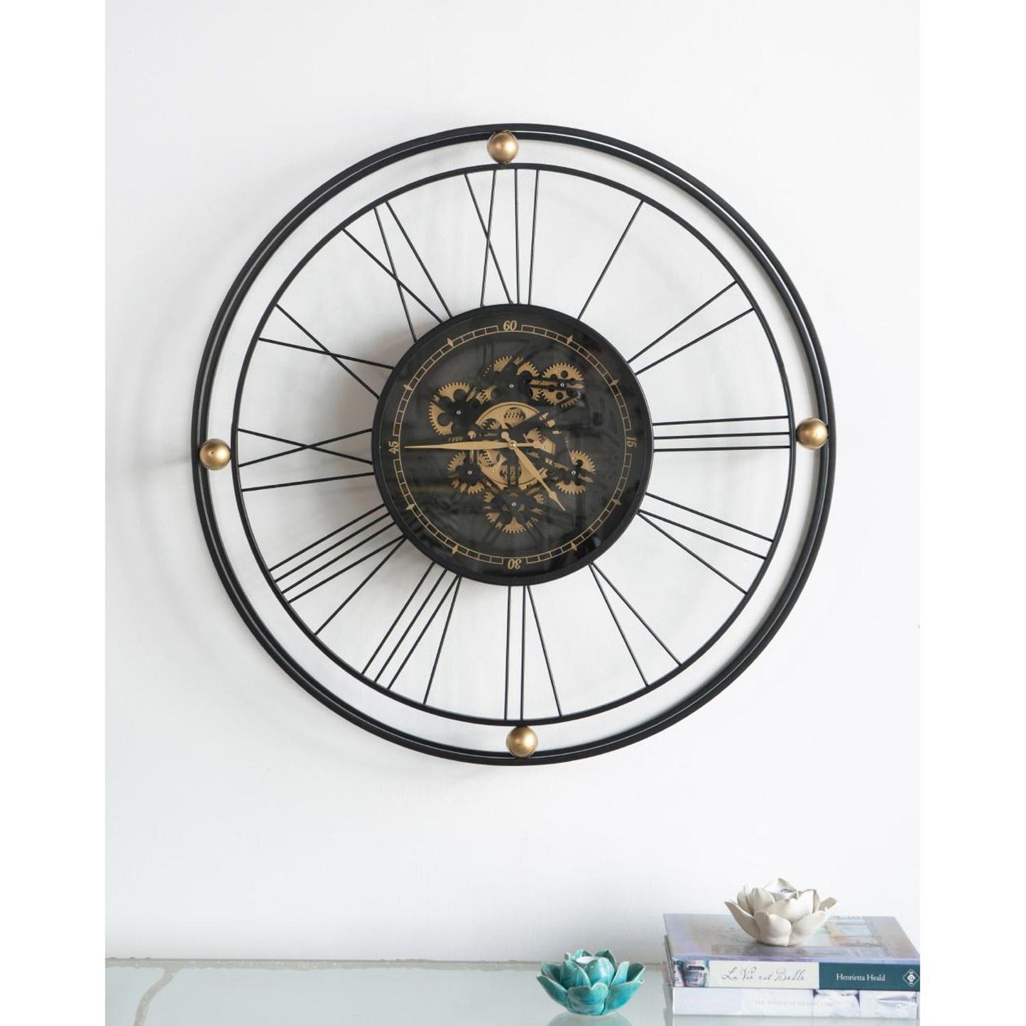 32" Circle Black and Gold Metal and Glass Analog Exposed Gear Wall Clock-5