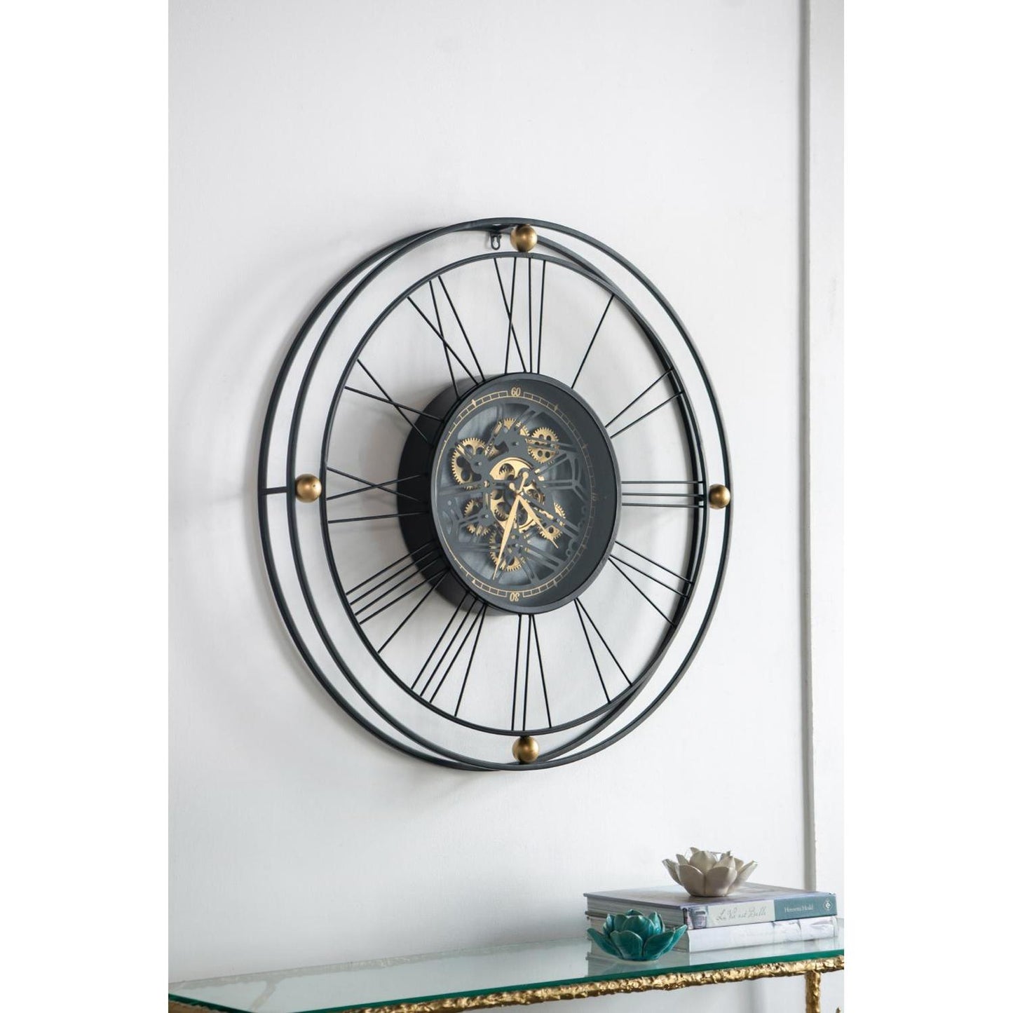 32" Circle Black and Gold Metal and Glass Analog Exposed Gear Wall Clock-6