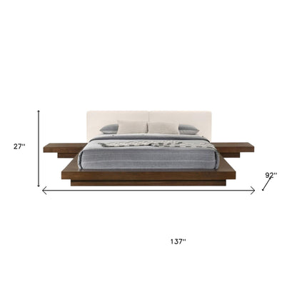 Walnut and White Wood And Faux Leather King Bed Frame With Attached Nightstands-5