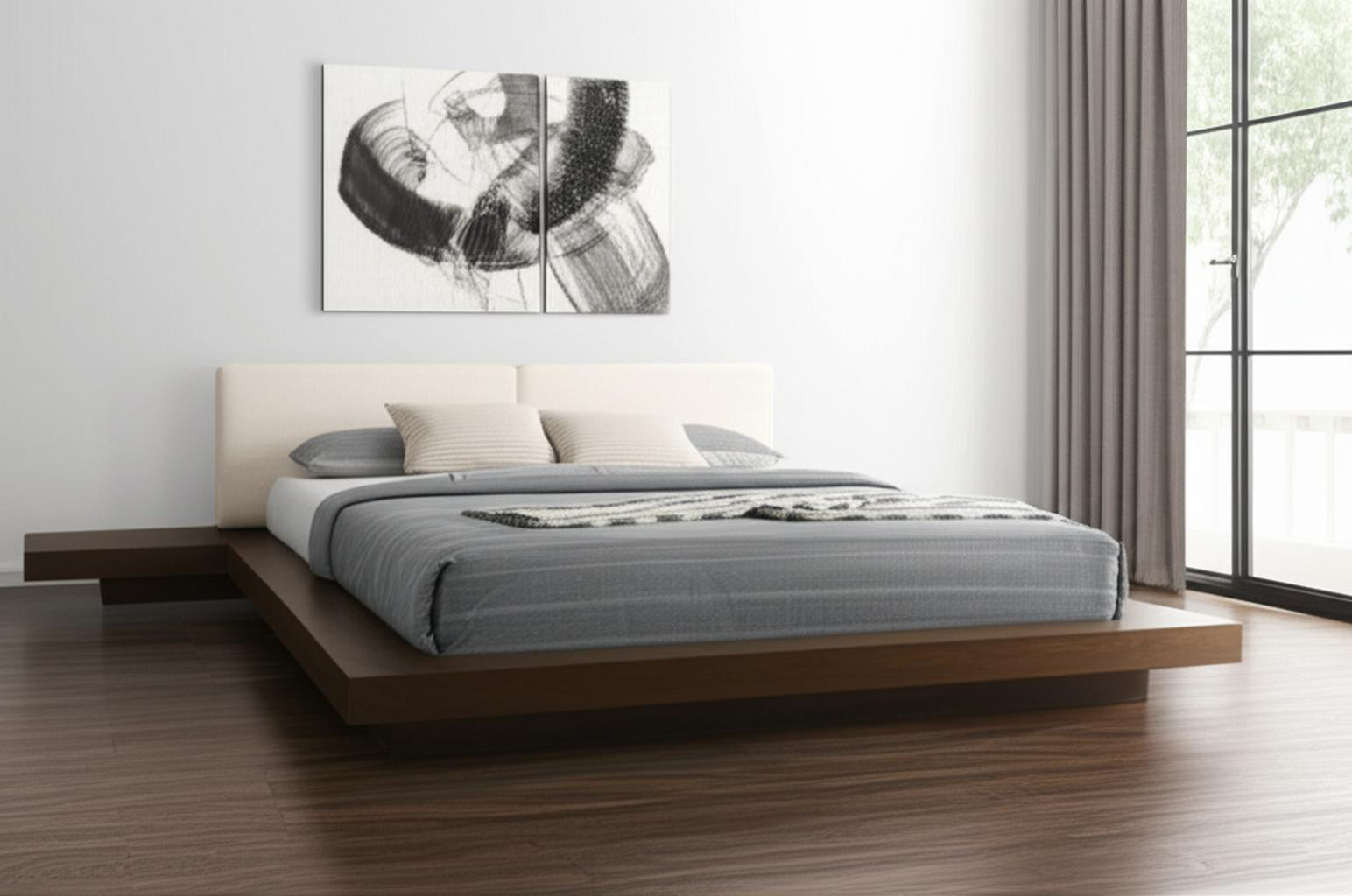 Walnut and White Wood And Faux Leather King Bed Frame With Attached Nightstands-0