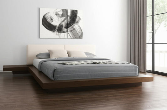 Walnut and White Wood And Faux Leather King Bed Frame With Attached Nightstands-0