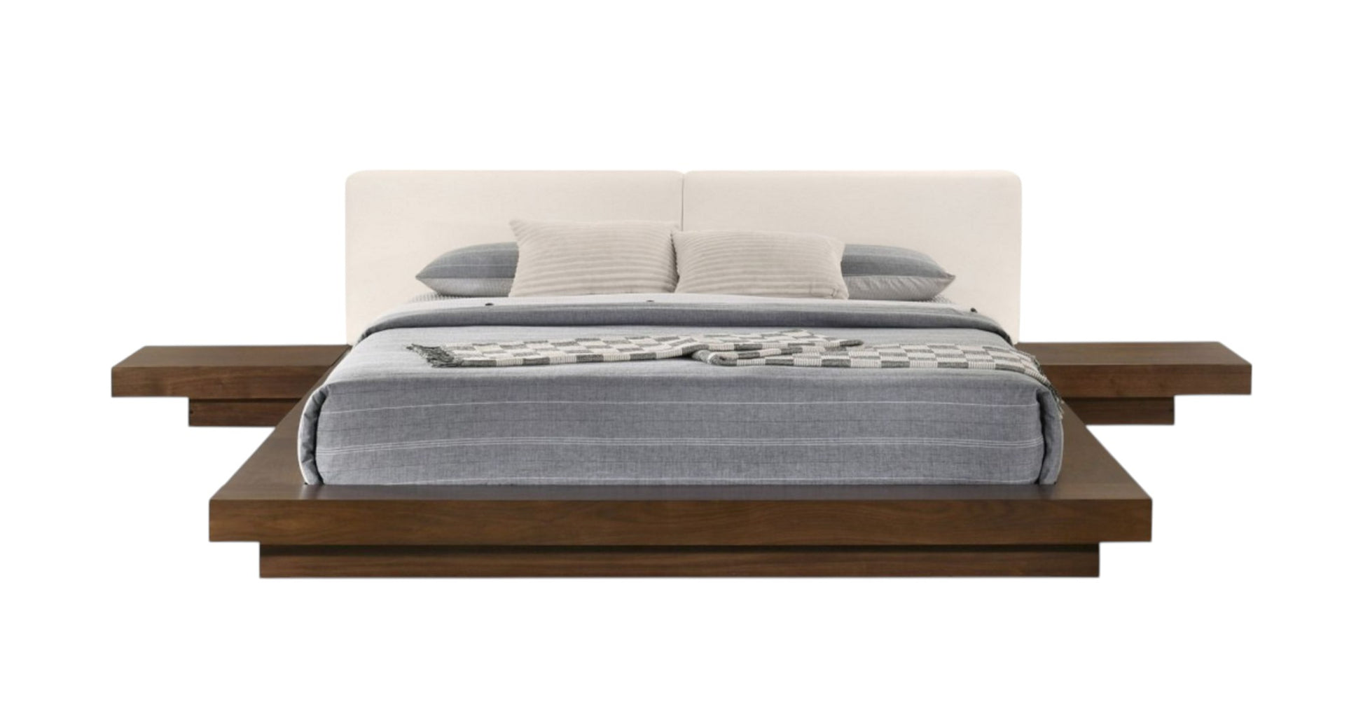 Walnut and White Wood And Faux Leather King Bed Frame With Attached Nightstands-1
