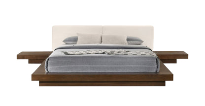 Walnut and White Wood And Faux Leather King Bed Frame With Attached Nightstands-1