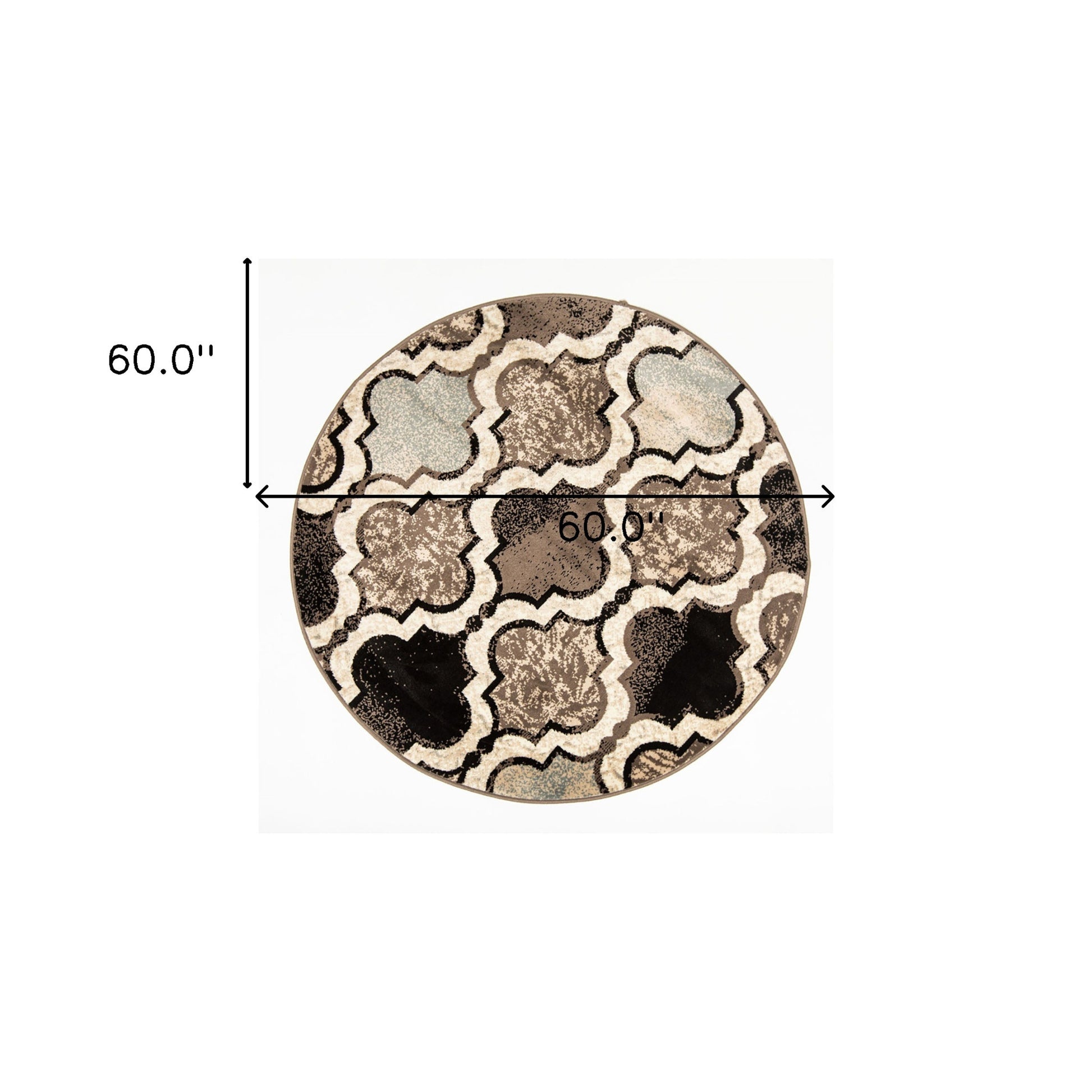 5' Ivory Brown And Black Quatrefoil Distressed Round Rug-2