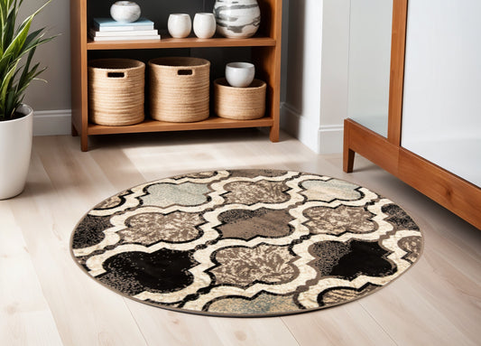 5' Ivory Brown And Black Quatrefoil Distressed Round Rug-0