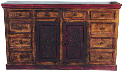 72" Brown And Red Distressed Solid Wood Carved Scrollwork Ten Drawer Buffet Table with Two Doors-2