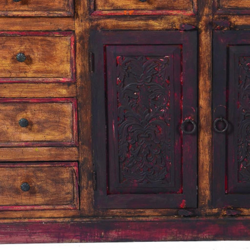 72" Brown And Red Distressed Solid Wood Carved Scrollwork Ten Drawer Buffet Table with Two Doors-4