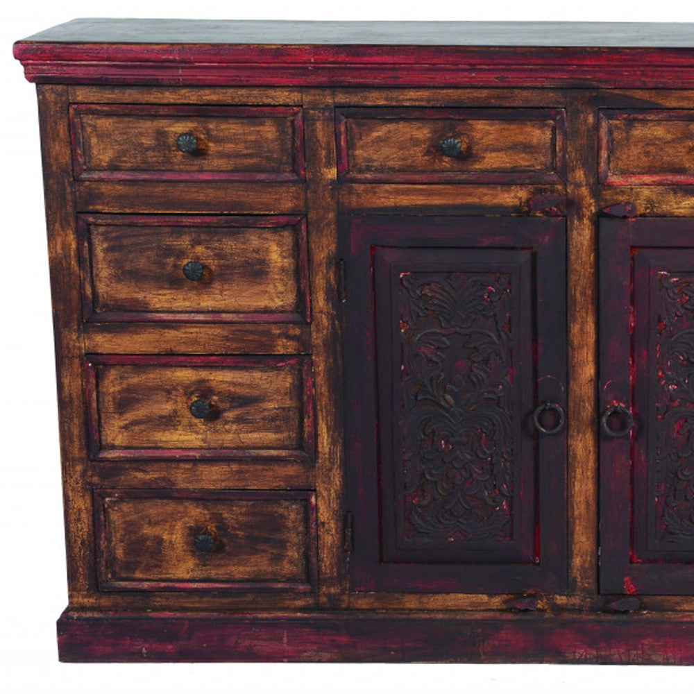 72" Brown And Red Distressed Solid Wood Carved Scrollwork Ten Drawer Buffet Table with Two Doors-3