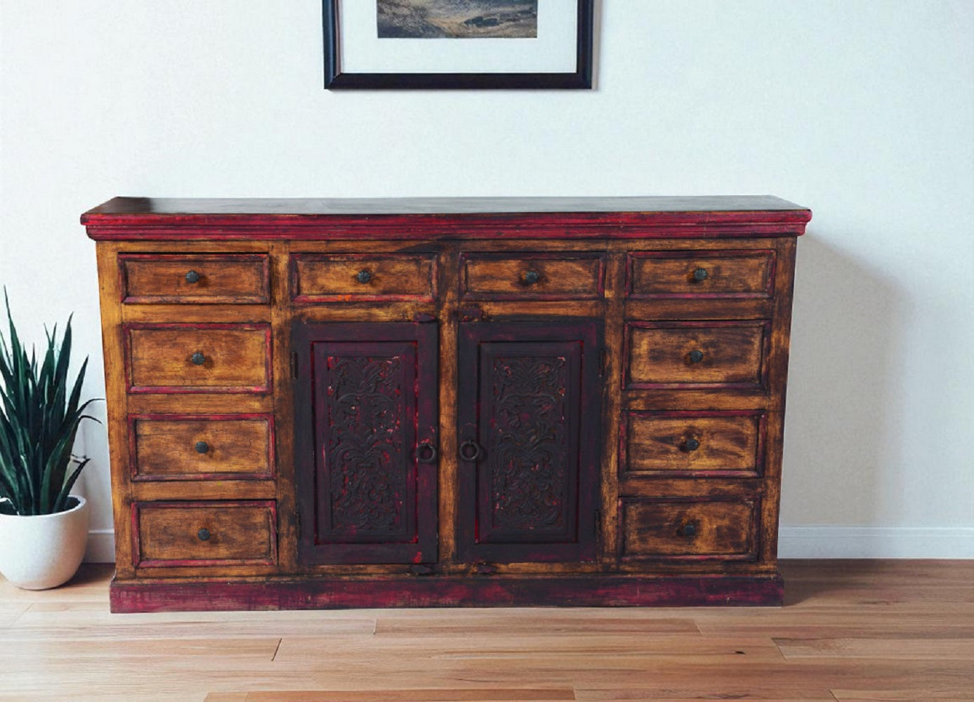 72" Brown And Red Distressed Solid Wood Carved Scrollwork Ten Drawer Buffet Table with Two Doors-1