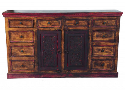 72" Brown And Red Distressed Solid Wood Carved Scrollwork Ten Drawer Buffet Table with Two Doors-0