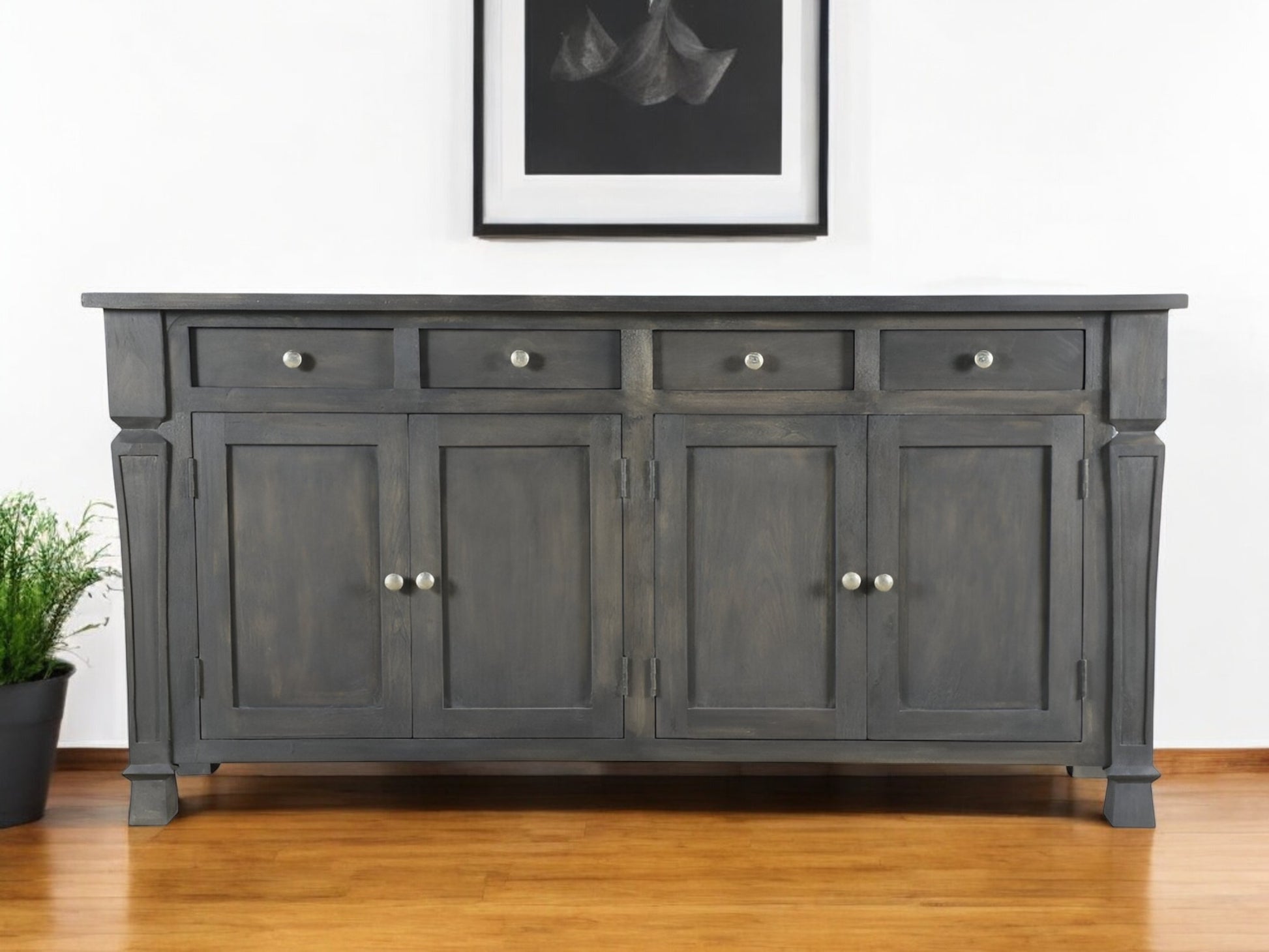 72" Dark Gray Solid Wood Four Drawer Sideboard with Four Doors-0